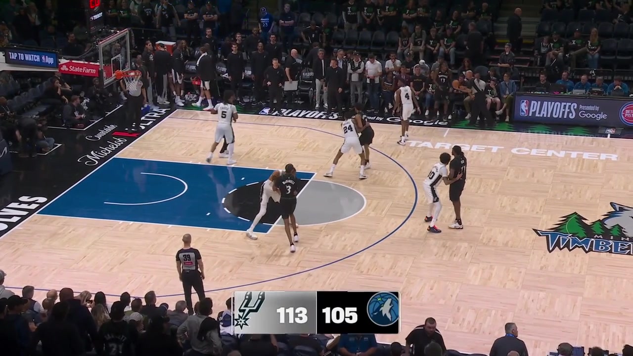 Anthony Edwards hits the tough turnaround corner 3 to cut the Spurs' lead to 5 keeping the Wolves' hopes alive with replaysWembanyama drops on the floor with the ball and his coach prevents a possible turnover with a timeout