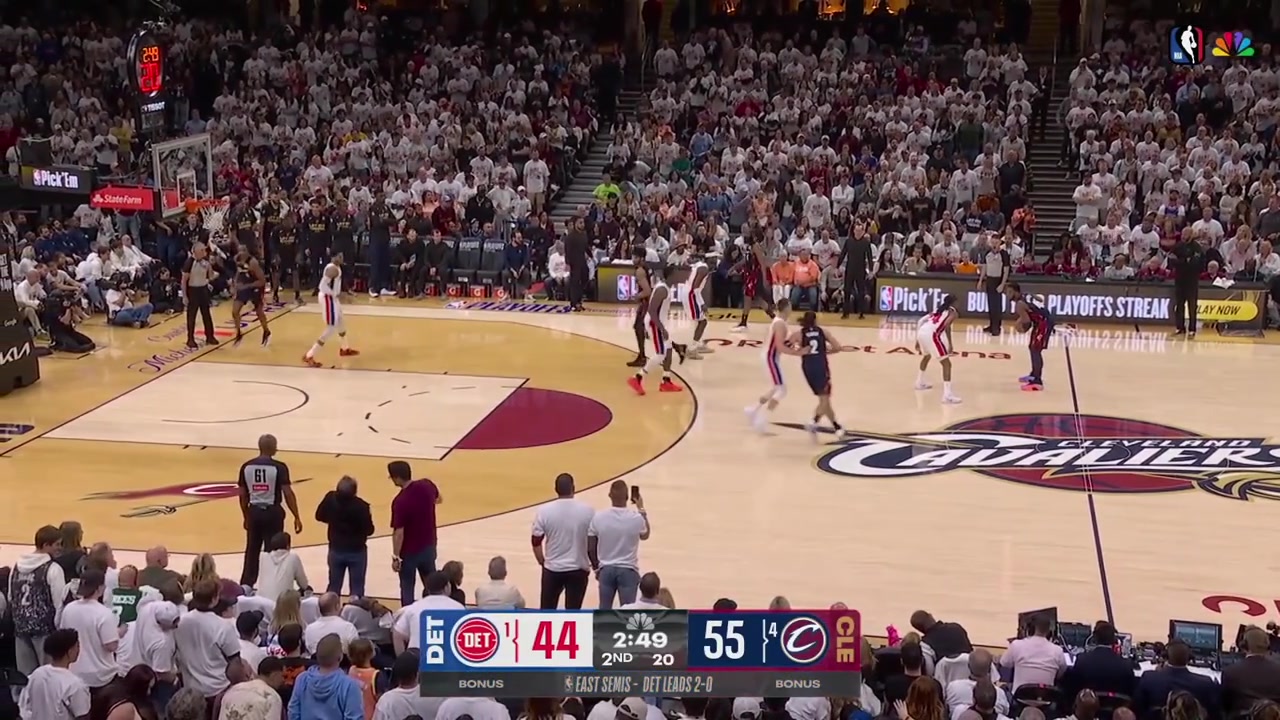 Jarrett Allen with Afrondown over Jalen Duren off a pass by Donovan Mitchell with replaysThe Cavaliers go up 13Pistons timeout