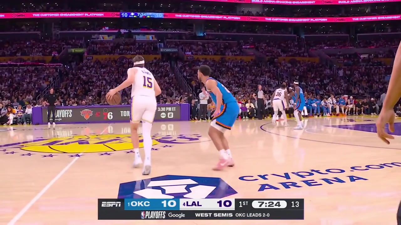 Marcus Smart screens Lu Dort away from LeBron James who then hits a jumper over Shai Gilgeous-Alexander