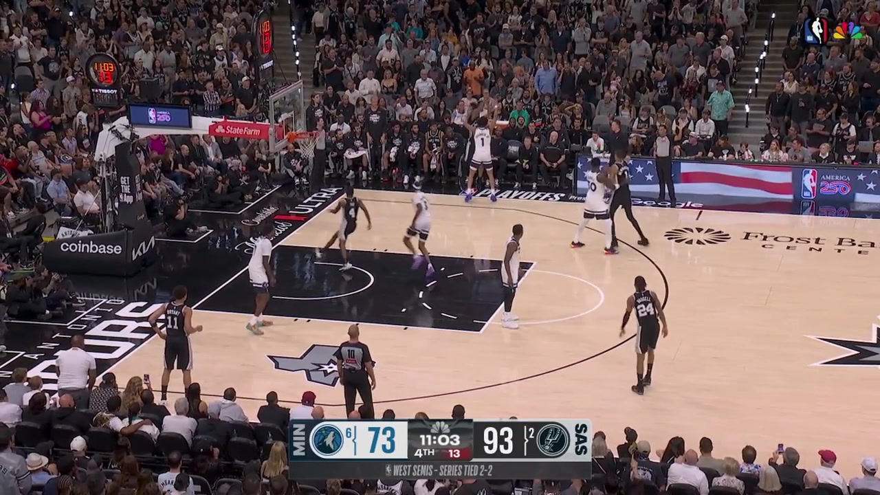 Jaden McDaniels with a friendly shove as Victor Wembanyama turns the ball over with a replay
