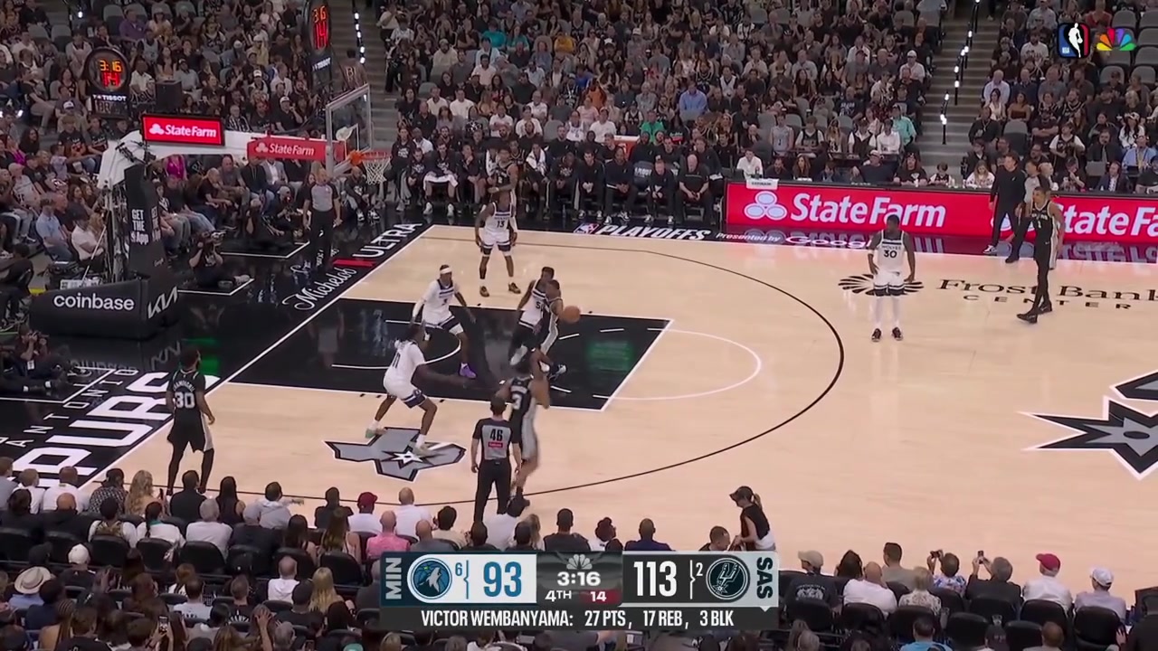 Keldon Johnson scores the layup putting the Spurs up 22 points with 308 minutes remaining in regulationThe Timberwolves take a timeout to empty their benchThe Spurs win game 5 and go up 3-2 in the series