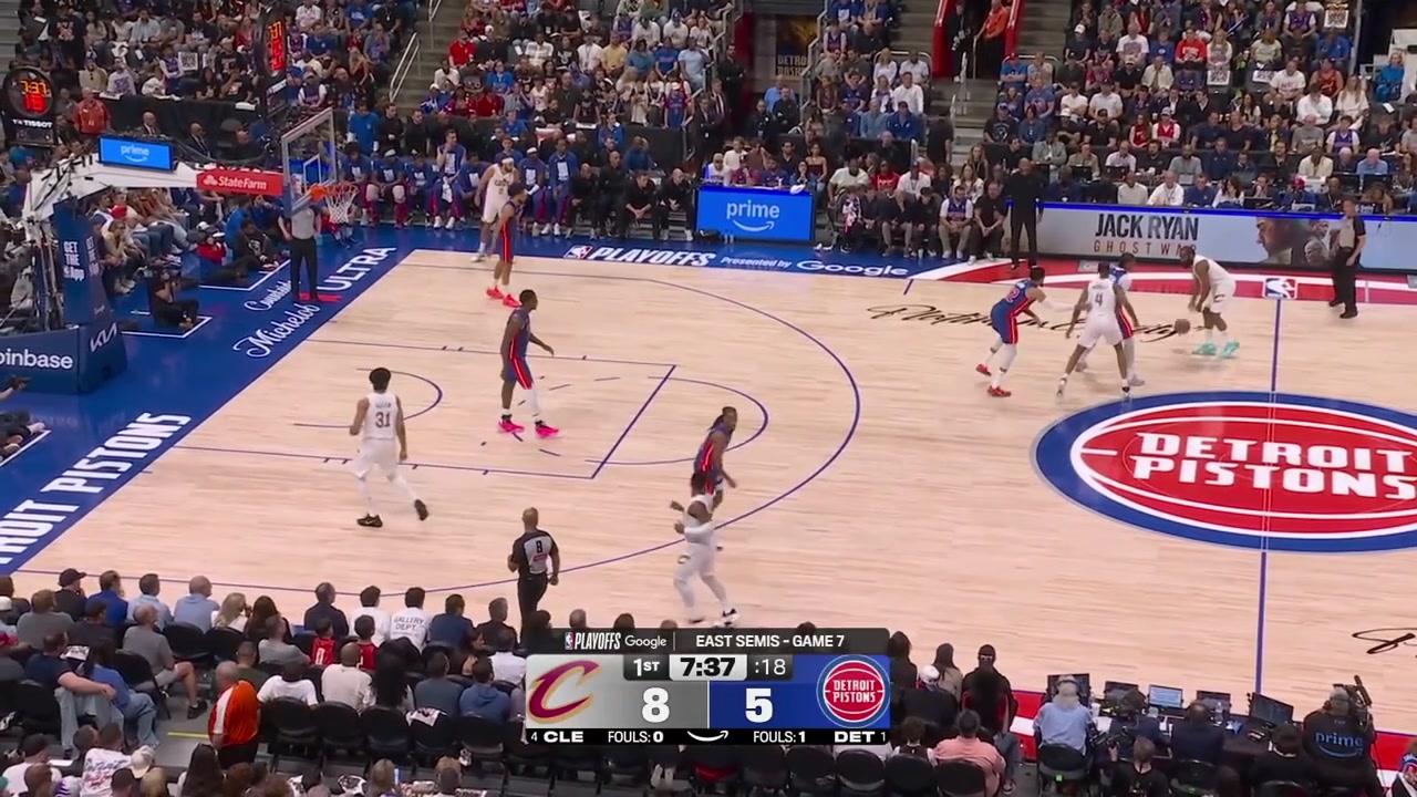 James Harden finds Jarrett Allen for the dunk except that Ausar Thompson is there to block him from behind with replays