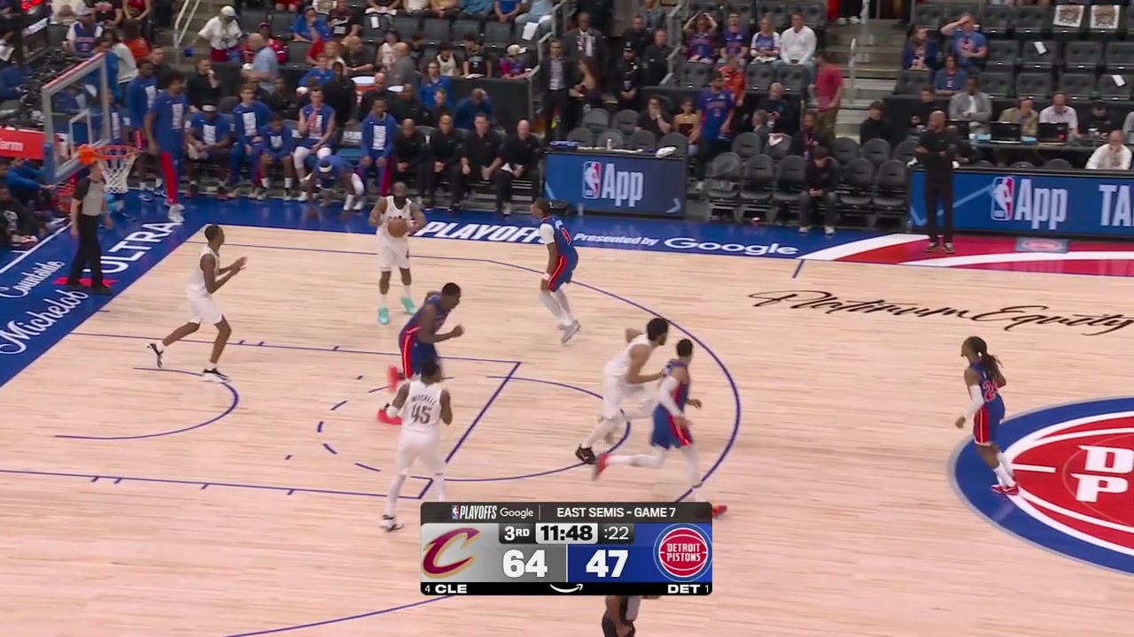 Donovan Mitchell banks in the shot from close range after the pump fake on Daniss Jenkins and then he strips Cade Cunningham at the other end and gets fouled converting both free throws and giving the Cavaliers their biggest lead of the night to start the second half - up 21