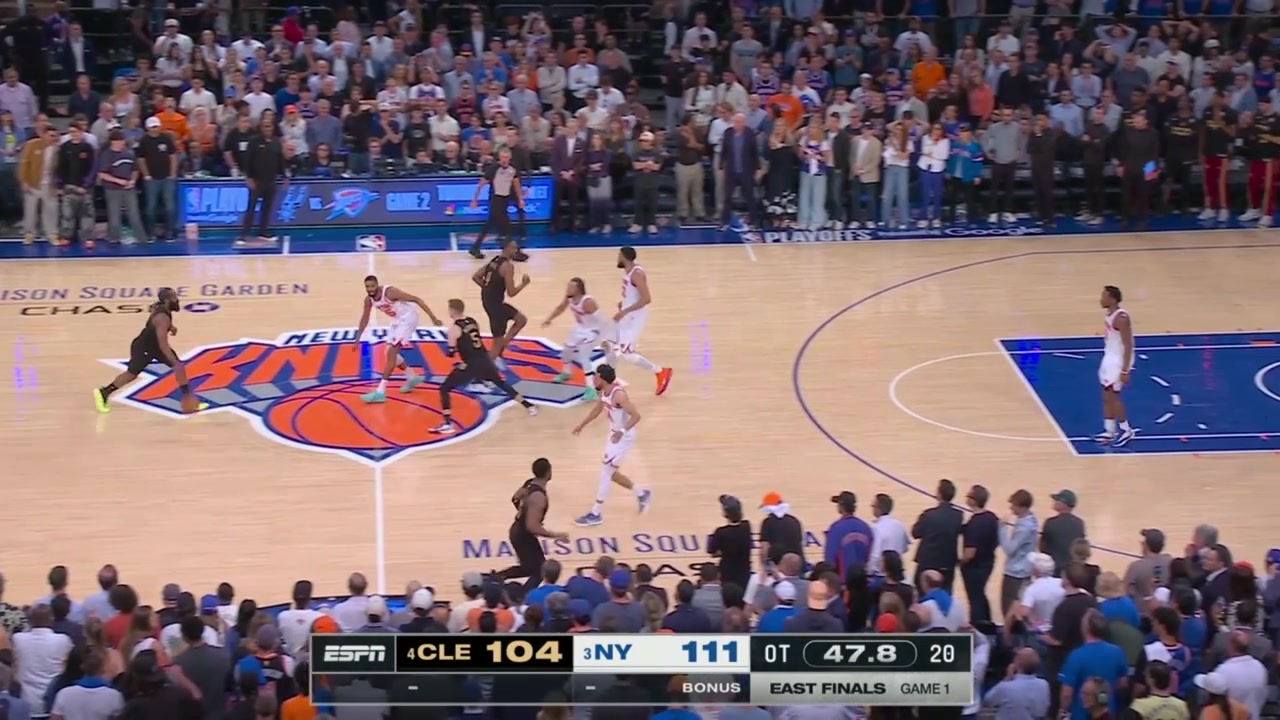 The Garden crowd begins to celebrate a win after Harden makes an over-the-shoulder pass to Brunson