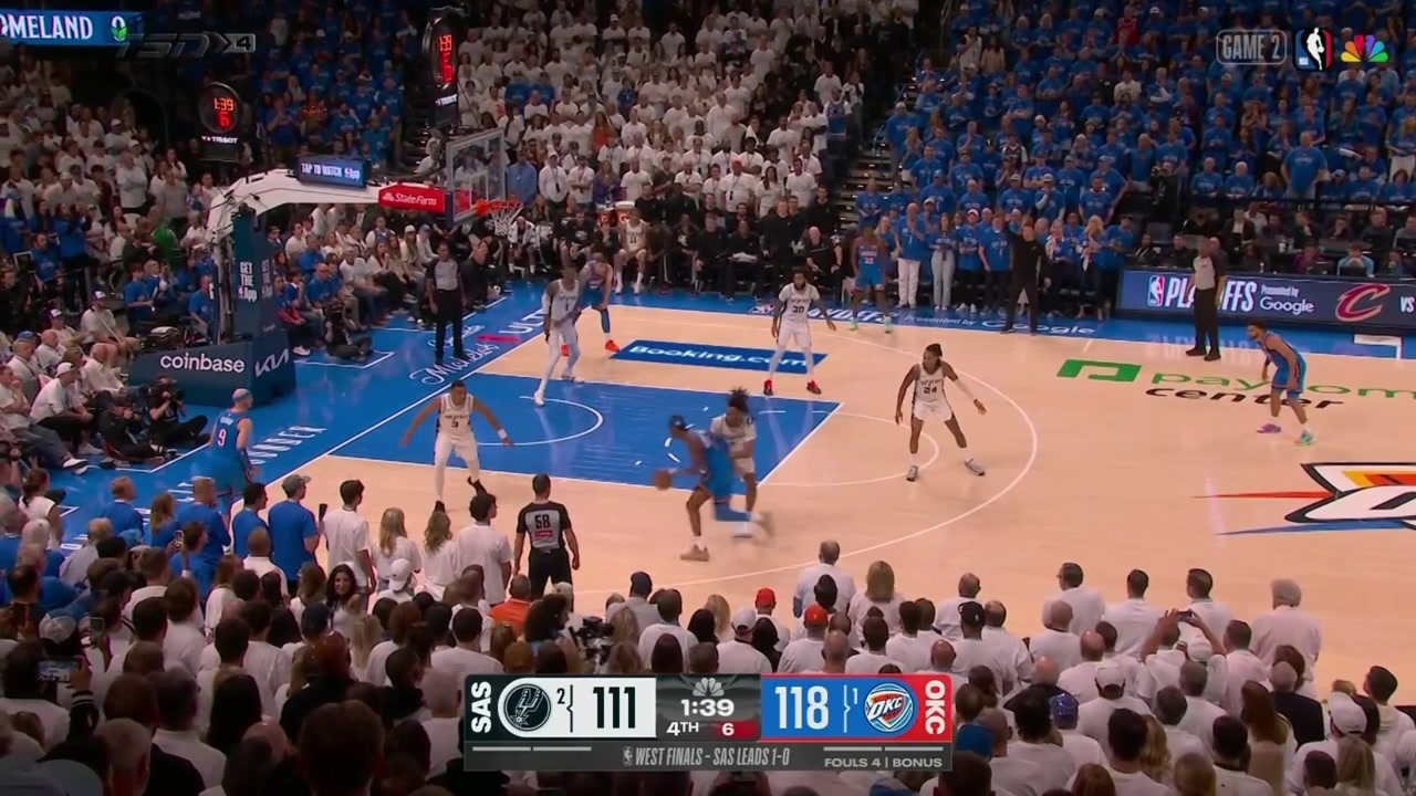 Shai Gilgeous-Alexander misses the three-pointer while defended by Stephon Castle Victor Wembanyama scores at the other end