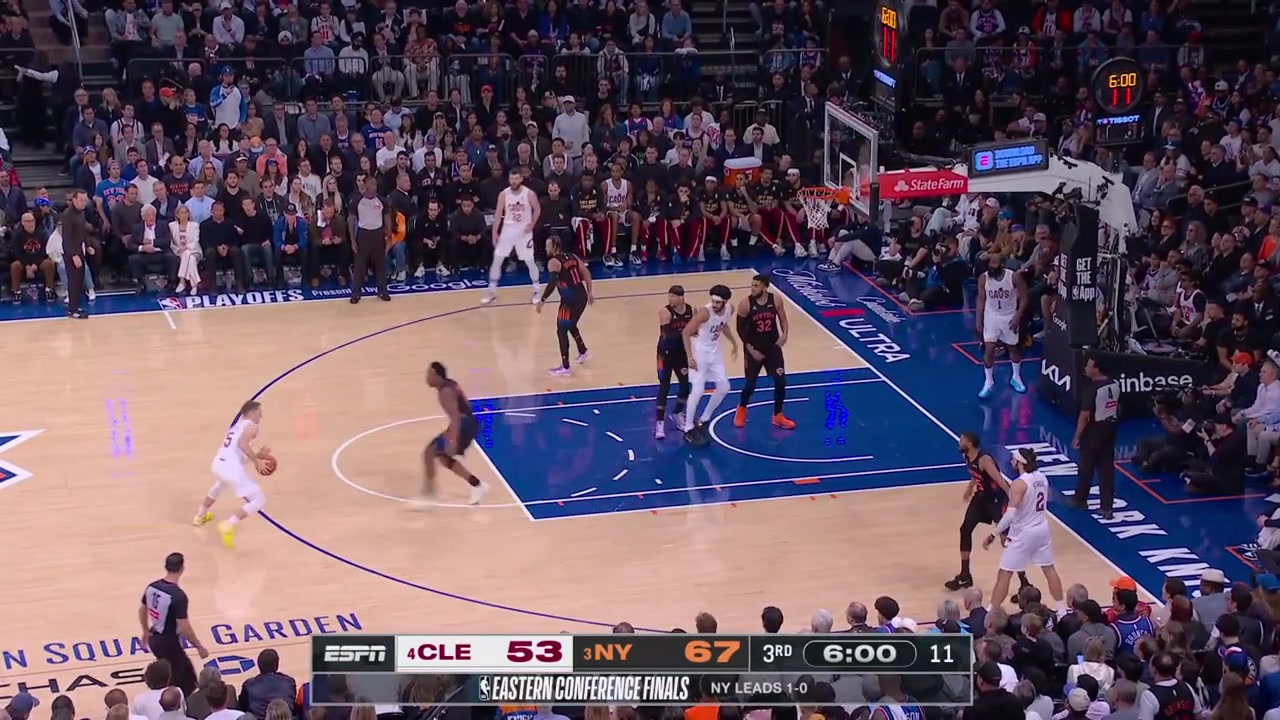 Sam Merrill misses his 7th triple of the night going 07 from 3 and James Harden fouls Josh Hart at the other end who limps a bit after landing with replays