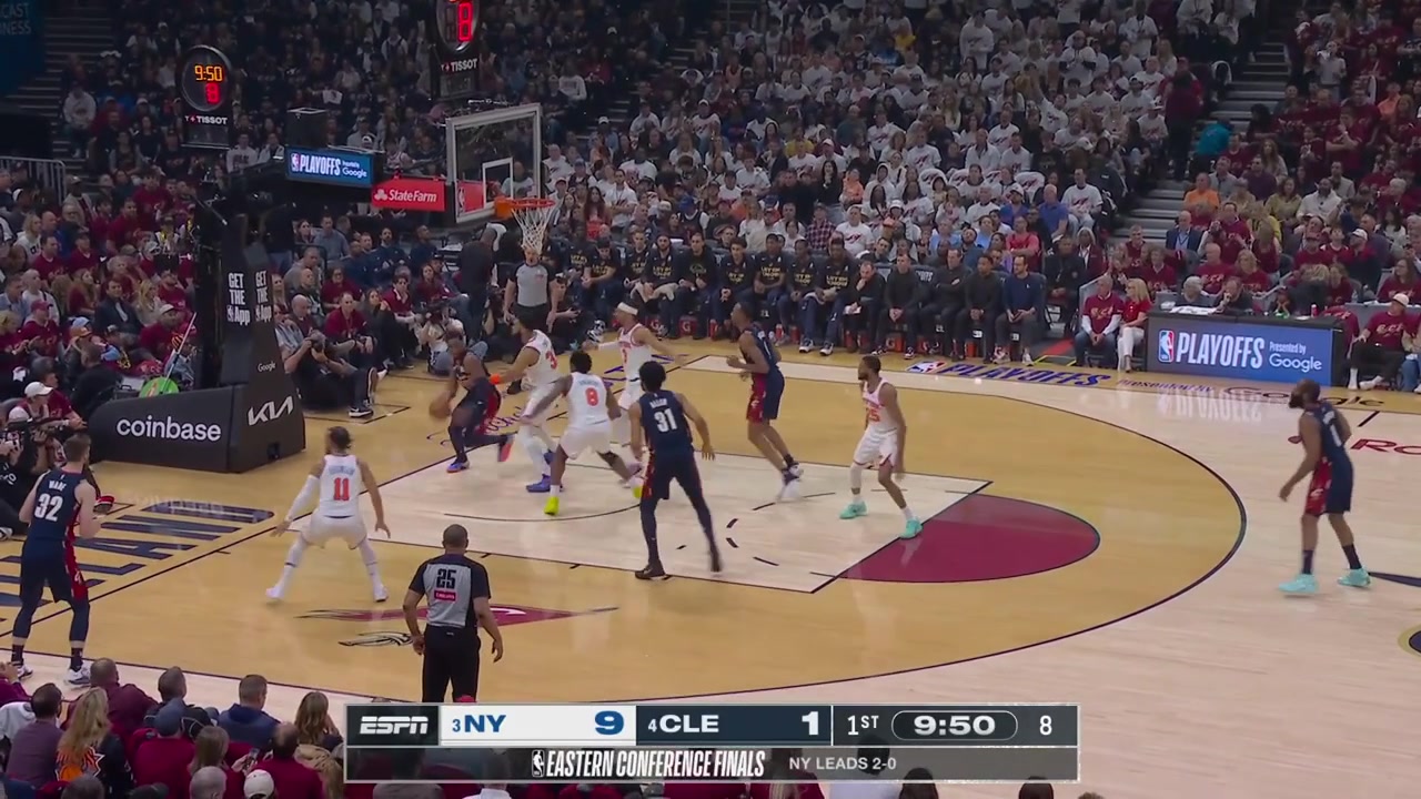Donovan Mitchell hits the long step back long 2 over Karl-Anthony Towns to beat the shot clock and James Harden finds Jarrett Allen for the layup with a replay