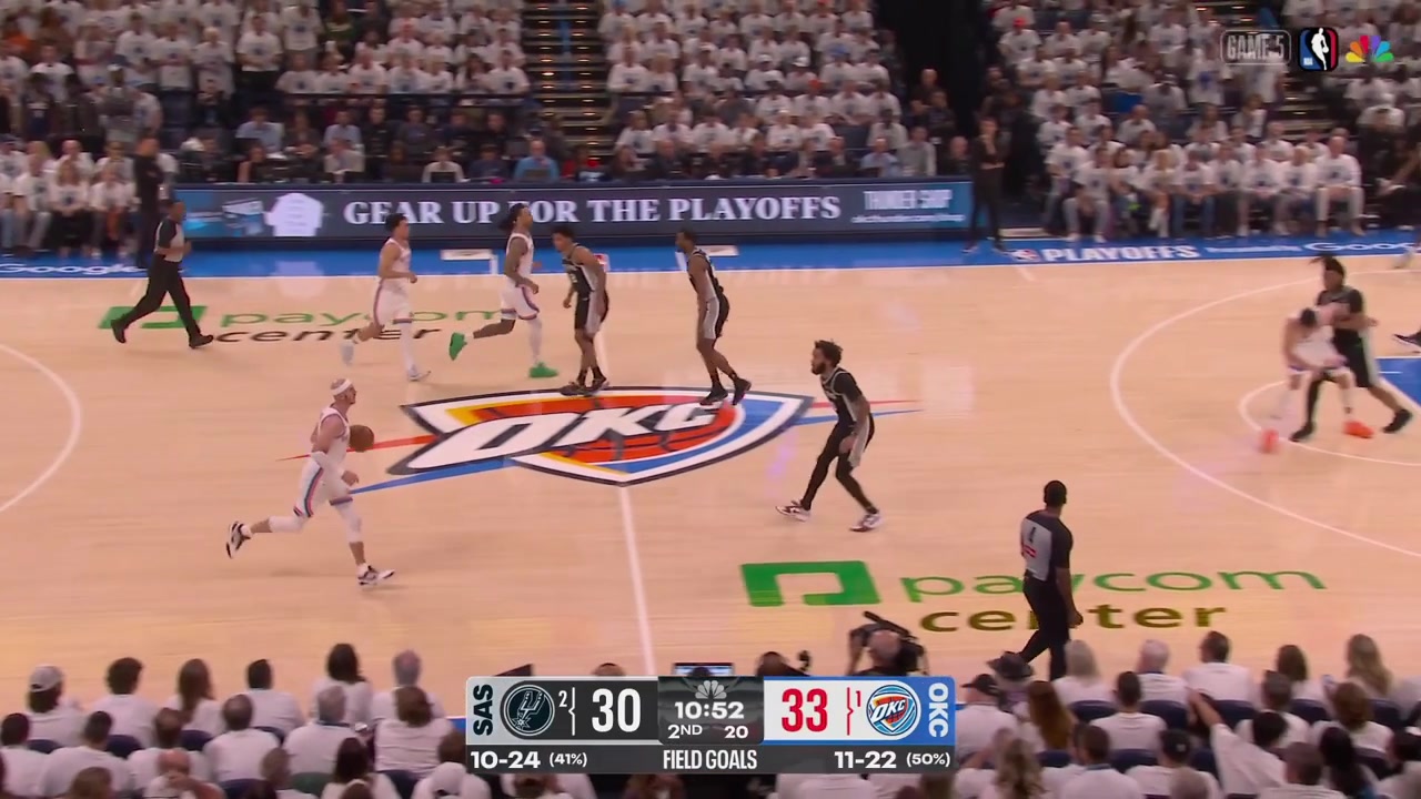 Jaylin Williams with the touch pass to Cason Wallace for the corner 3 and Alex Caruso with the touch pass to Jaylin Williams for the 3-pointer from the wing with replaysJ-Will also looks at WembyThe Thunder go up 9 and the Spurs take a timeout