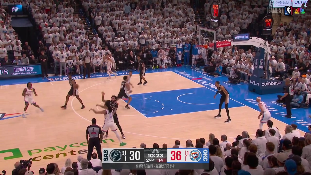 Jaylin Williams hits a 3-pointer over Victor Wembanyama and stares at him with replays