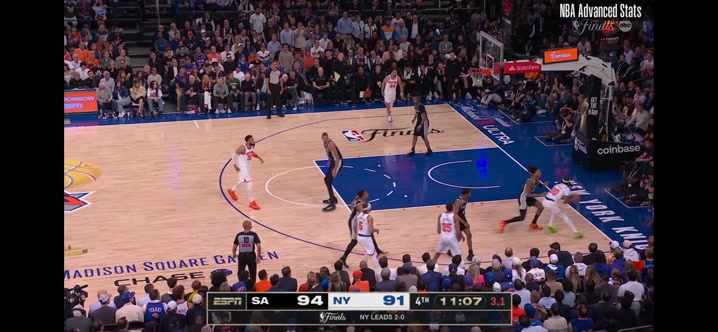 Lowlight Clarkson airballs the fadeaway late in the shot clock after contact from Vassell in his landing area