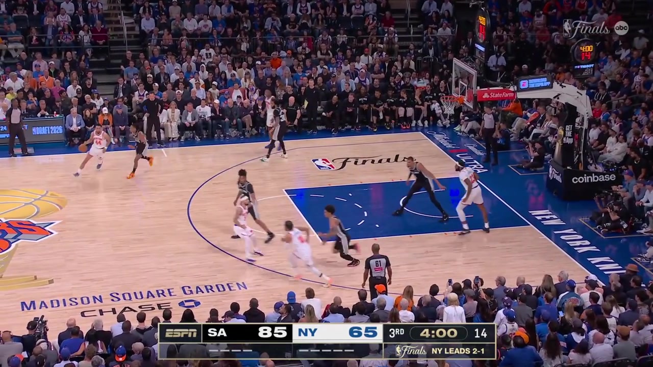 Jalen Brunson feels the contact and scores the And-1 with replays