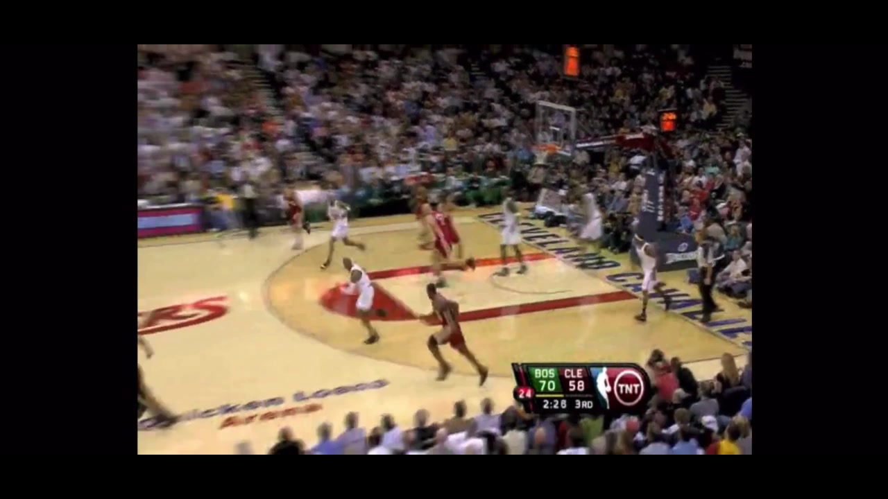 LeBron blocks Ray Allens dunk attempt and hits a 3 over Kevin Garnett on the other end