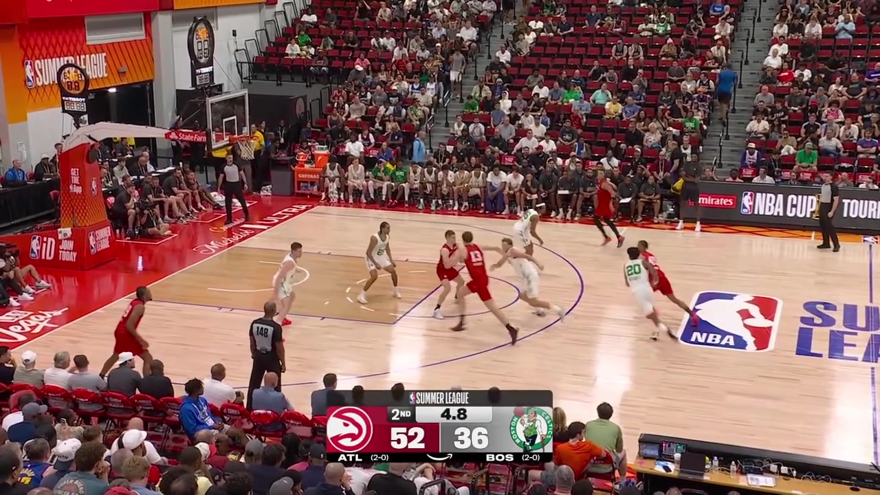 Kyle Mangas intercepts the pass and hits the leaning forward off-balance 3-pointer buzzer-beater to end the 1st half with replays