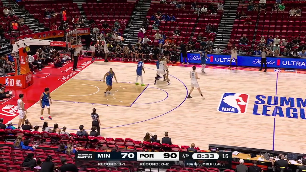 Barry Dunning Jr with the powerful dunk off the give and go with Yang Hansen who then drives and puts Nate Santos on a posterFatigued Yang Hansen grabs a rebound barely walking joking with the Timberwolves while remaining in the backcourt