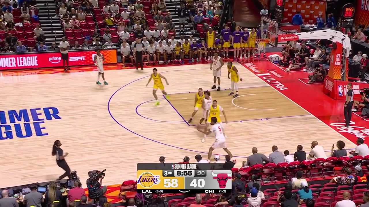 Kennedy Chandler hustles for the loose ball and hits the cooler behind the Lakers' bench gets showeredThe Lakers' bench is also enjoying the moment trying to help him dry up as the arena workers try to dry and clean things up