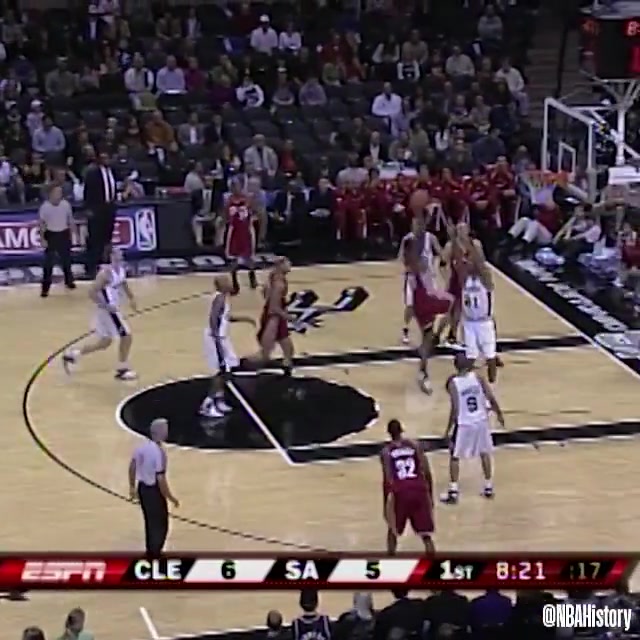 young LeBron posterizing Tim Duncan