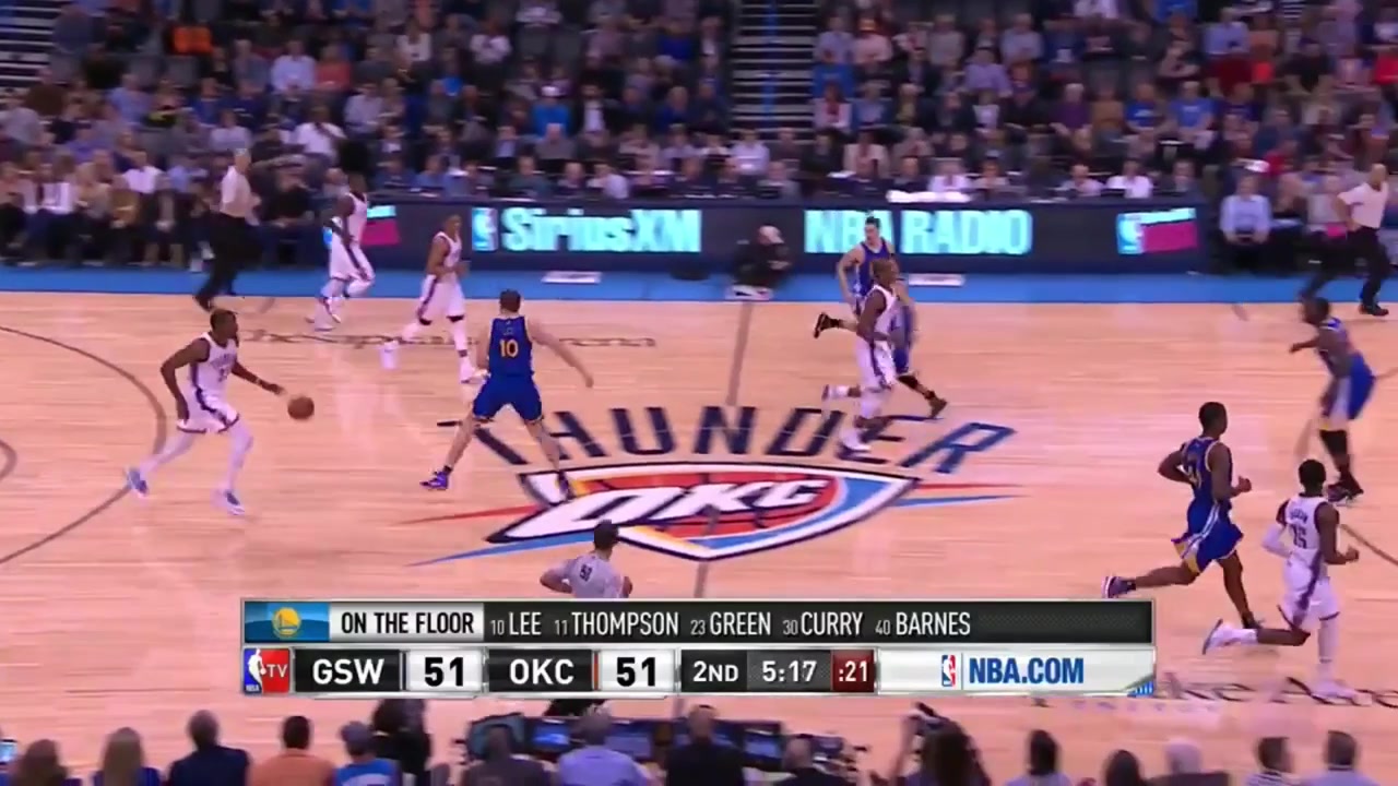 Russell Westbrook with a powerful poster dunk on Draymond Green as the ball bounces high off the rim and falls in with replaysHe also finds Reggie Jackson for the 3-pointer as the crowd is buzzingNBA TV English and Canal Spanish broadcast