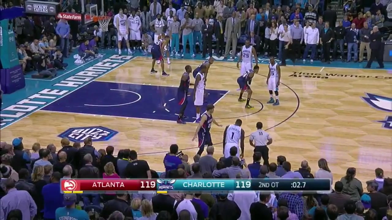 Lance Stephenson banks in the deep game-winner buzzer-beater in double overtime over Kent Bazemore to beat the Atlanta Hawks with replays Hornets and Hawks commentary 1172014