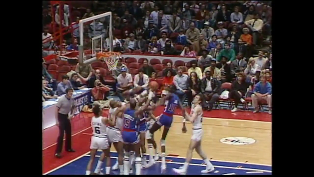Dudley Bradley becomes the unlikely hero as he spins and banks in the game-winner buzzer-beater 3-pointer vs the 76ers in Game 1 of the First Round - 1986 playoffs with a replay 4181986