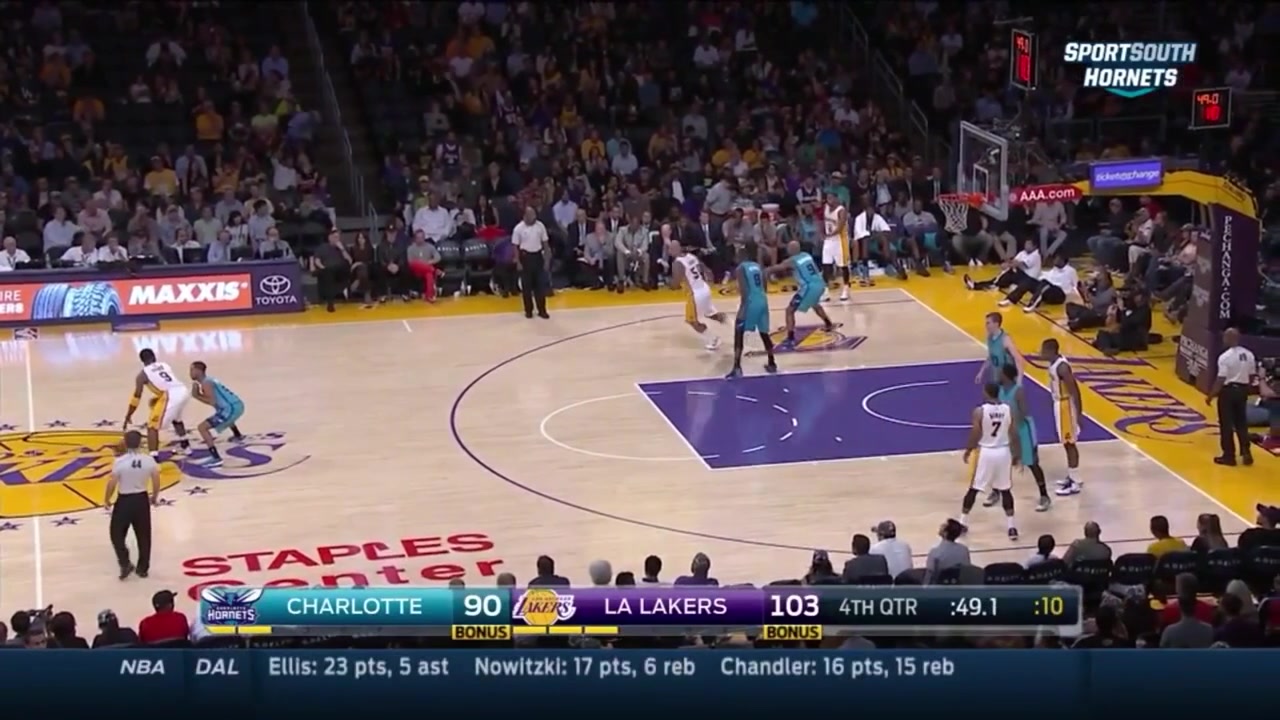 Robert Sacre hits a long rainbow jumper with Bismack Biyombo all over him to beat the shot clock