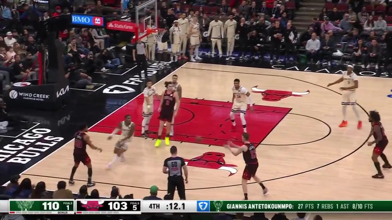 Giannis Antetokounmpo decides to go for the windmill dunk at the end of the game despite the fact that the Bucks' win is already sealed Vucevic Coby White and the Bulls fans don't appreciate it with replays Bobby Portis heats things up with pushing around Full incident No cuts