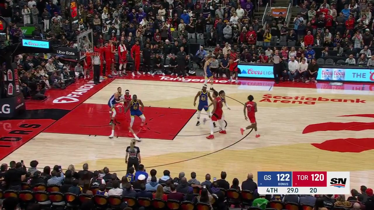 Scottie Barnes with the putback to tie the game to send the game to overtime vs the Warriors with replays as Steph Curry is called for the offensive foul and Brandon Ingram misses the potential game-winner