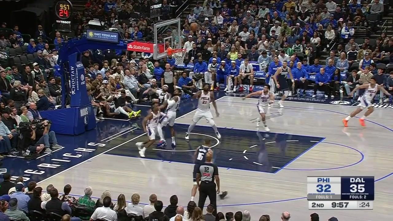 Tyrese Maxey drops Caleb Martin to the floor with a nasty crossover in transition and then finishes the easy layup with replays
