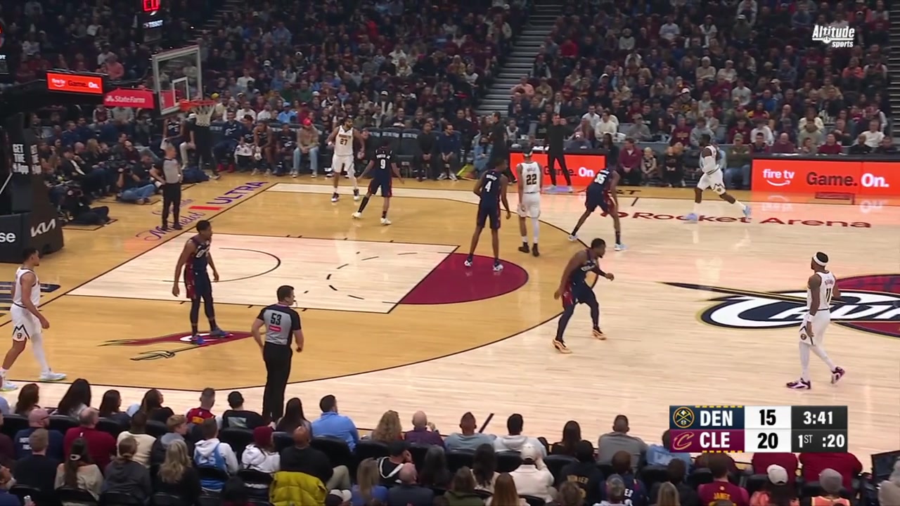 Bruce Brown throws a one-handed pass to Jamal Murray who makes a mid-air catch and finishes with a shot off the glass