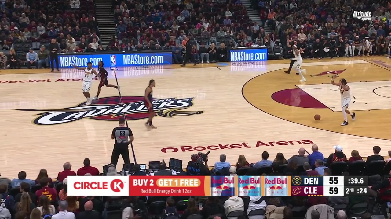 Jamal Murray is pressured at half-court loses the ball on a pass attempt regains it in motion while driving through the lane and finishes with a mid-air left-handed layup for 28 points to end the second quarter
