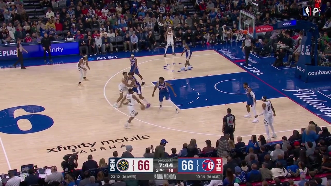 Jalen Pickett isolates Joel Embiid puts him on skates and hits a step-back 3 That's his third step-back three over Embiid tonight giving him a career-high 22 points