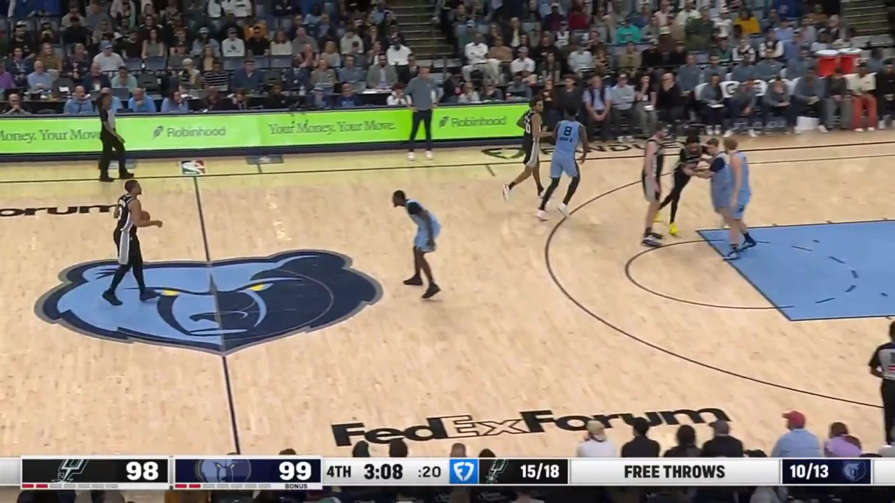 All the possessions in the last 3 minutes of the game - Memphis Grizzlies vs San Antonio Spurs De'Aaron Fox with big clutc shots and a block Cam Spencer answers and gives the Grizzlies the lead back and Santi Aldama with the game-saving block on Fox