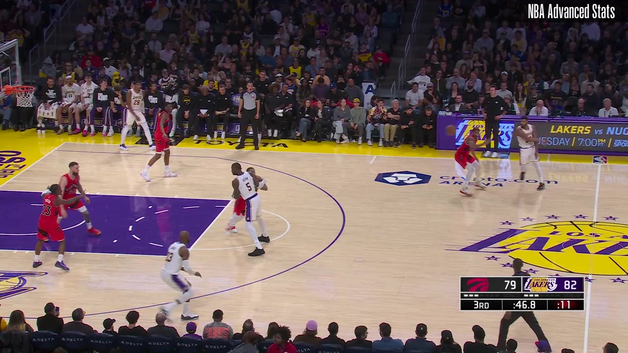 Lebron James pump fakes a 3 and then makes a step back pass to the open Deandre Ayton