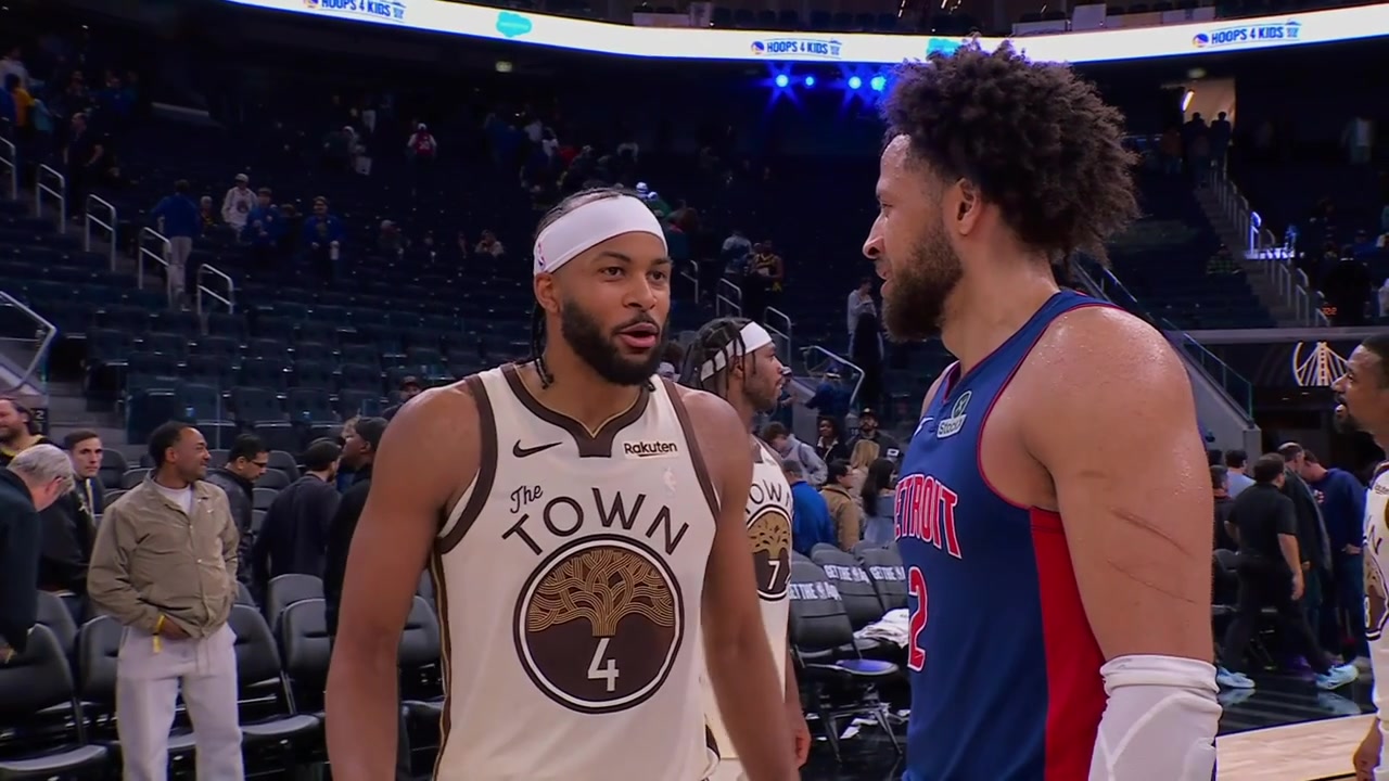 Draymond Green brings his kid to meet up with Cade Cunningham at the end of the game