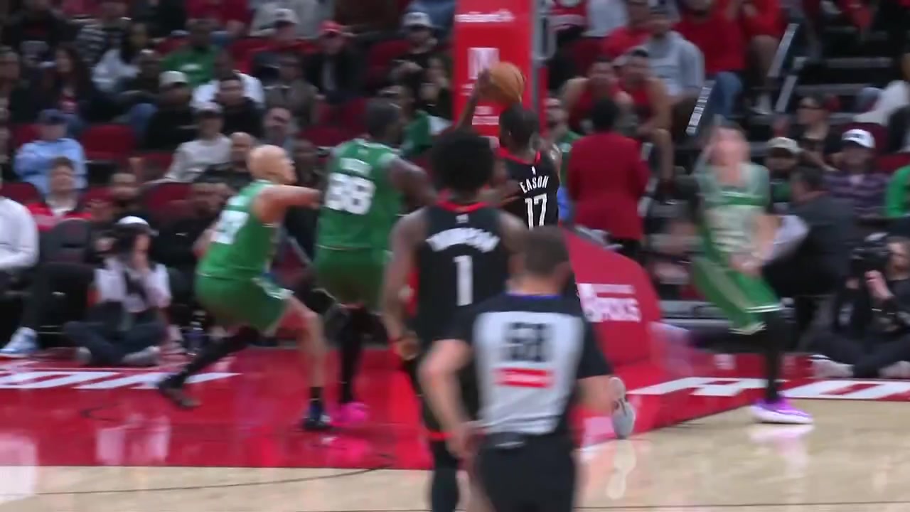 Neemias Queta blocks the ball and stumbles deep into the stands recovers and comes back to block the ball again on the fast break vs the Rockets