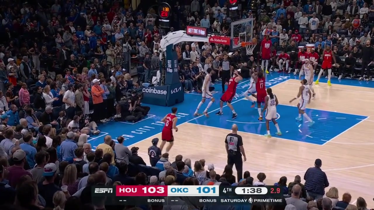 Tari Eason with the putback Reed Sheppard intercepts the pass to Chet Holmgren and Kevin Durant drives and scores the jumper to put the Rockets up 6 with 64 seconds remaining in regulation with a replay