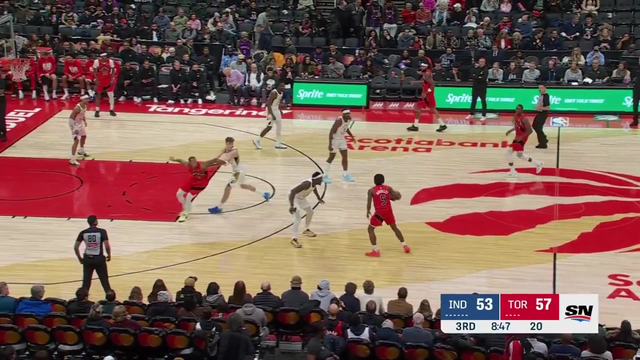 Scottie Barnes with a poster dunk on Johnny Furphy off the spin move with replays Raptors and Pacers commentaries