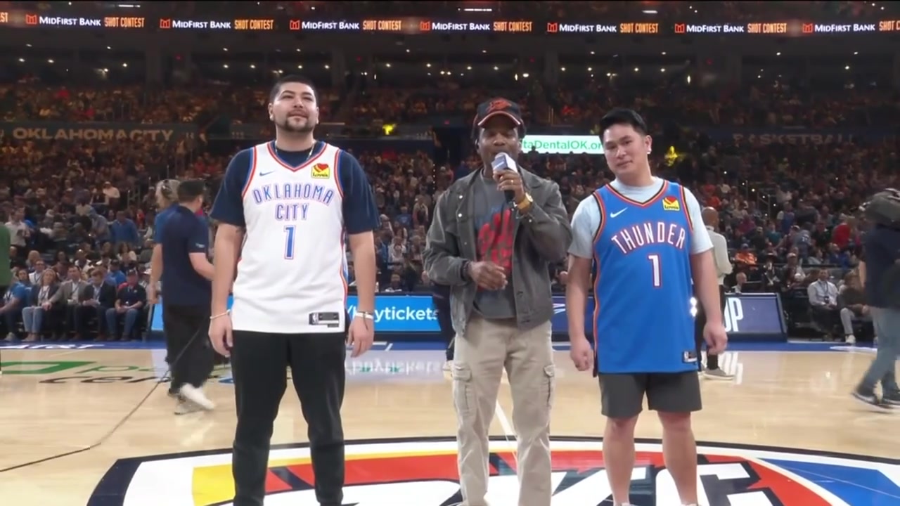 An OKC fan wins a shooting competition but misses horribly the halfcourt to win 20000
