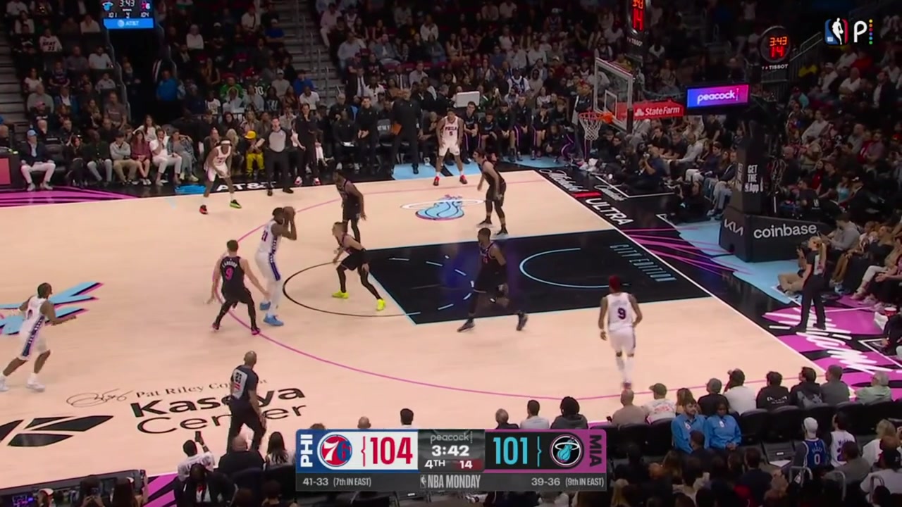 Joel Embiid turns the ball over and gives all he got to hustle back on defense going for the chasedown block on Andrew Wiggins but he was a bit late - goaltending with replays