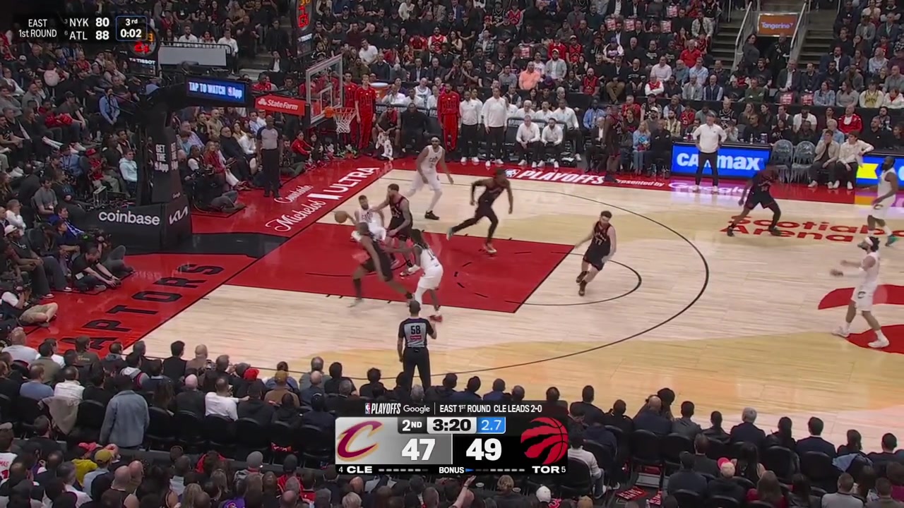 Jarrett Allen with a great block on powerful the two-handed dunk attempt by Sandro Mamukelashvili with replays as the coach's challenge was successful