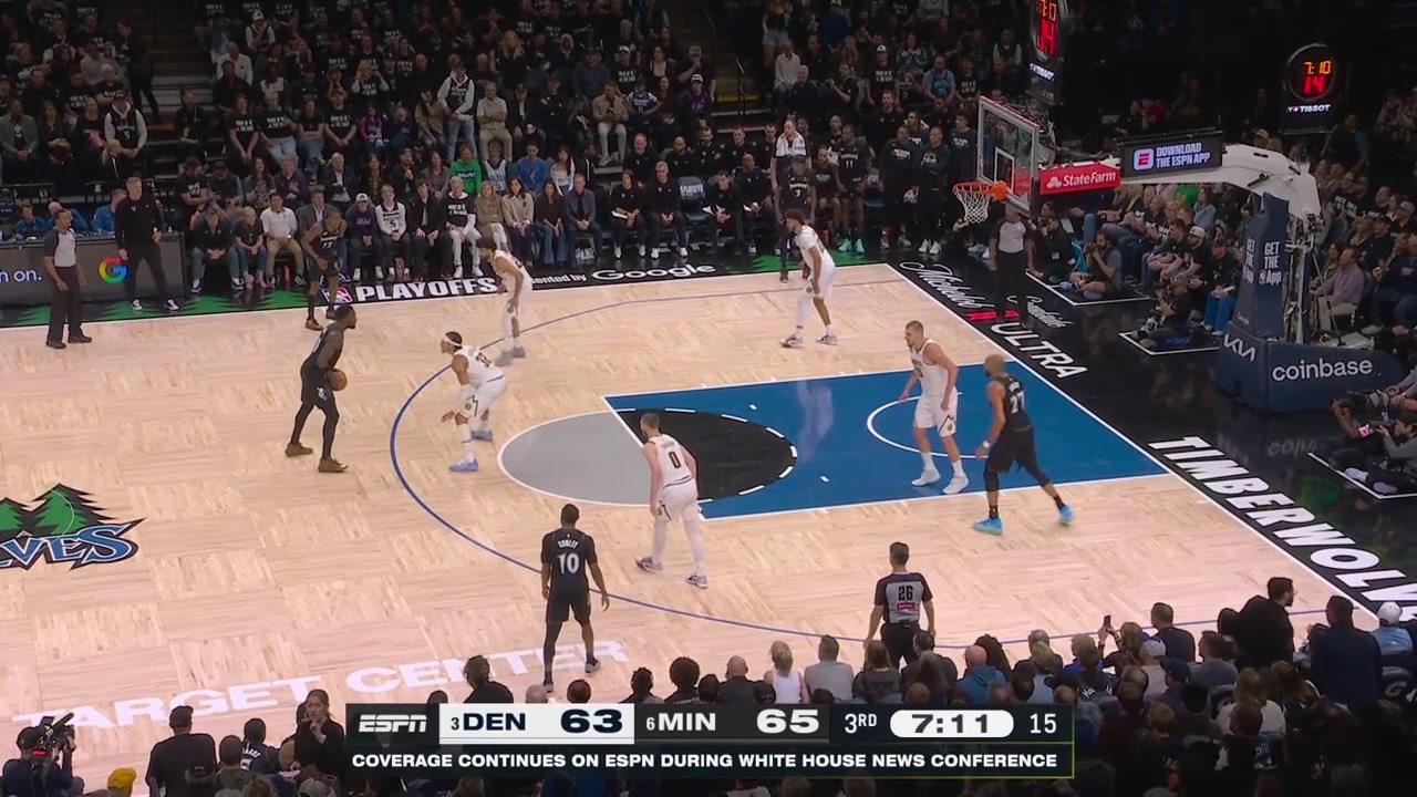 Nikola Jokic fouls Rudy Gobert while being the backboard with replays