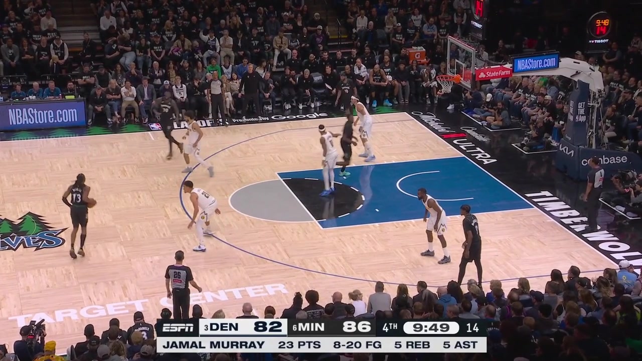 Jaden McDaniels hits the floater Mike Conley strips Jamal Murray and Ayo Dosunmu scores the fastbreak layup to give him 30 points in the game and the Timberwolves are up 8 in the 4th quarter