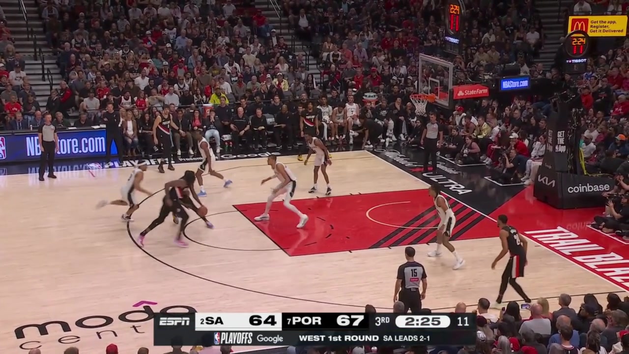 Victor Wembanyana shows off his unparalleled paint coverage as he scares Jrue Holiday out of his shot and still recovers quick enough to 360 stuff Robert Williams afterwards