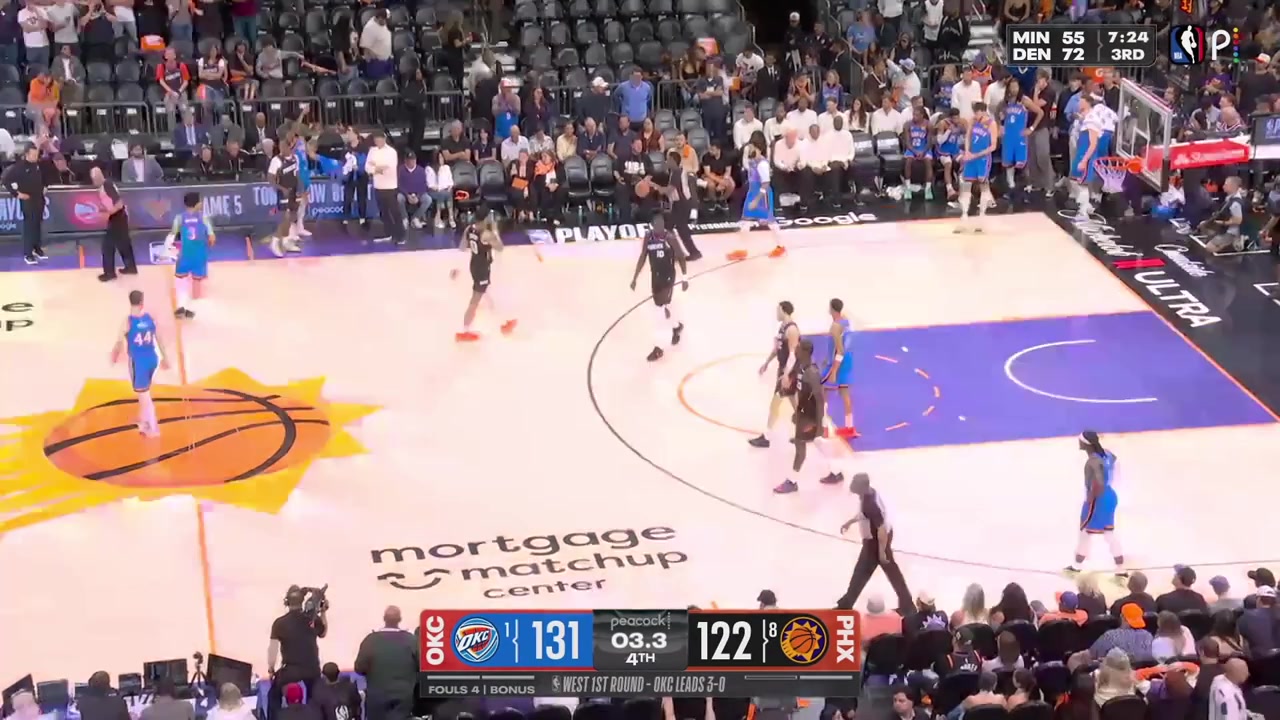 The last moments of game 4 as the Oklahoma City Thunder sweep the Phoenix Suns in the first round of the 2026 NBA PlayoffsShai Gilgeous-Alexander is having a laughter with Dillon Brooks