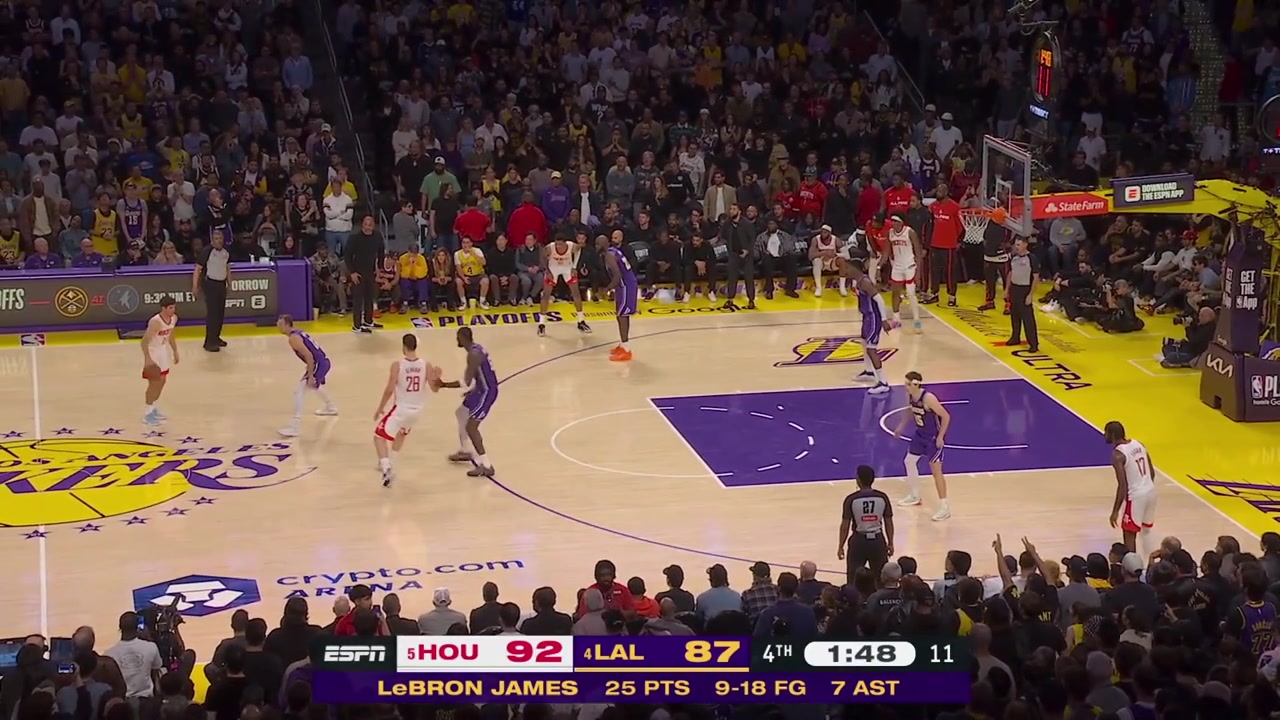Up 5 with 102 seconds remaining Tari Eason is called for the offensive foul with replaysThe Rockets successfully challenge the call and the foul is on Austin Reaves insteadEason make both clutch free throws