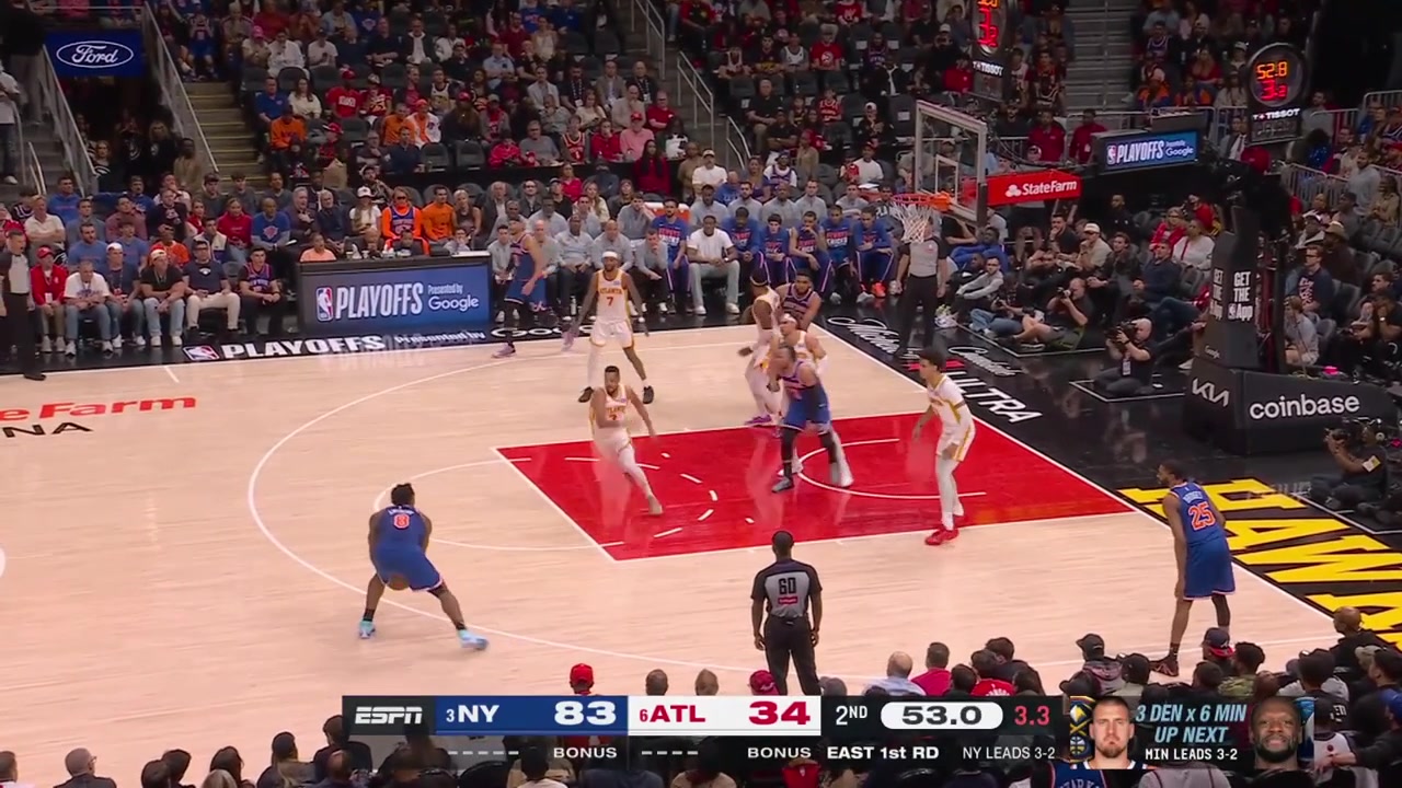 Jalen Brunson hustles for a loose ball lands on some fans and then decides to pull one of the fans to the floor The fan jokingly pretends he got injured with replays