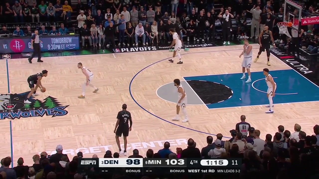 Jaden McDaniels hits a big clutch jumper over Jamal Murray to give him 30 points putting the Timberwolves up 7 with 66 seconds remaining in regulation with a replay The Timberwolves getting closer to win game 6 and the series