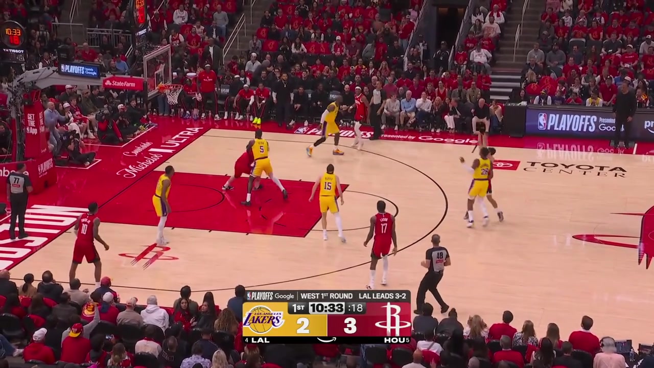 Reed Sheppard misses the deep 3 over Rui Hachimura and LeBron James waste no time figures Hachimura under the rim against Sheppard and finds Rui for the easy 2 under the rim
