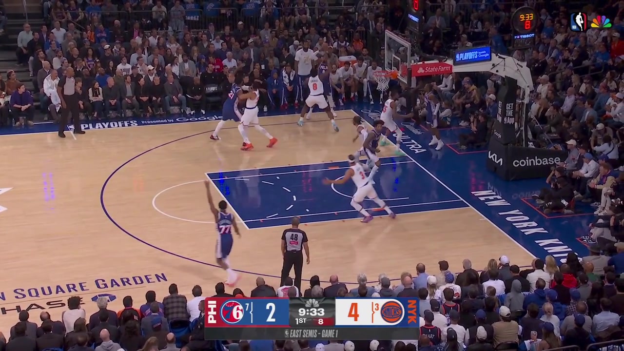 Karl-Anthony Towns blocks Joel Embiid who then fouls Josh Hart in mid-court with a replay Embiid is hobbling a bit