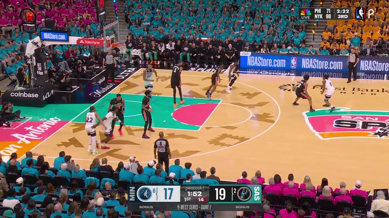 Anthony Edwards hits the tough turnaround jumper over De'Aaron Fox for his first points of the night and then talks to the Spurs' benchThen Ant hits a 3-pointerWith replays
