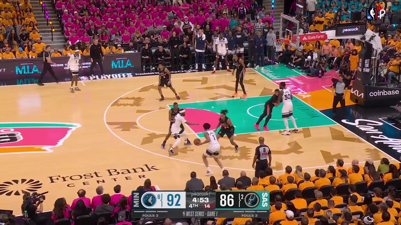 Victor Wembanyama rise up with his 12th block of the night and Mike Conley hits a corner 3 to put the Timberwolves up 9 with less than 5 minutes remaining in regulation